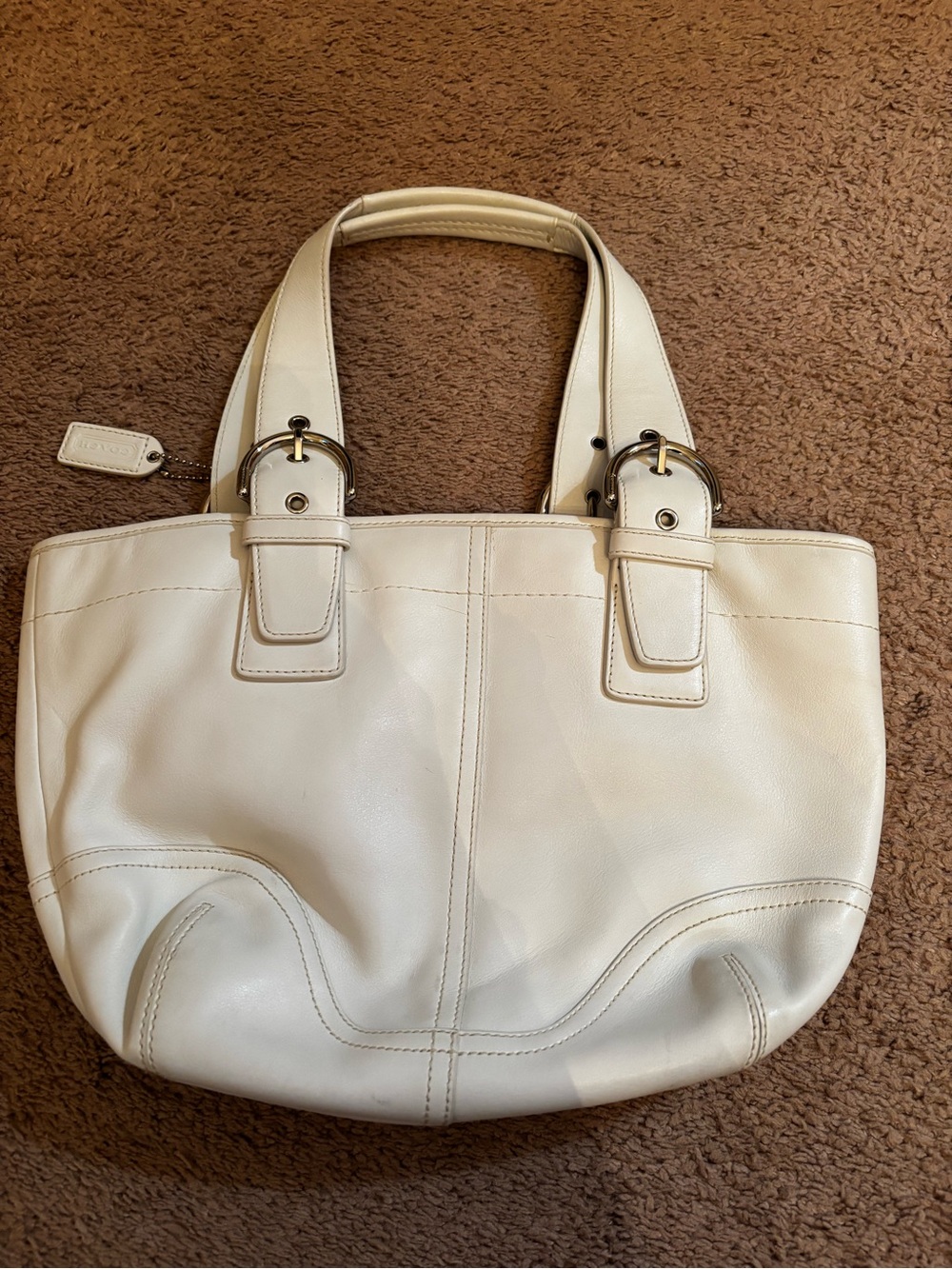 Coach Cream Leather Shoulder Tote with Buckle Accents